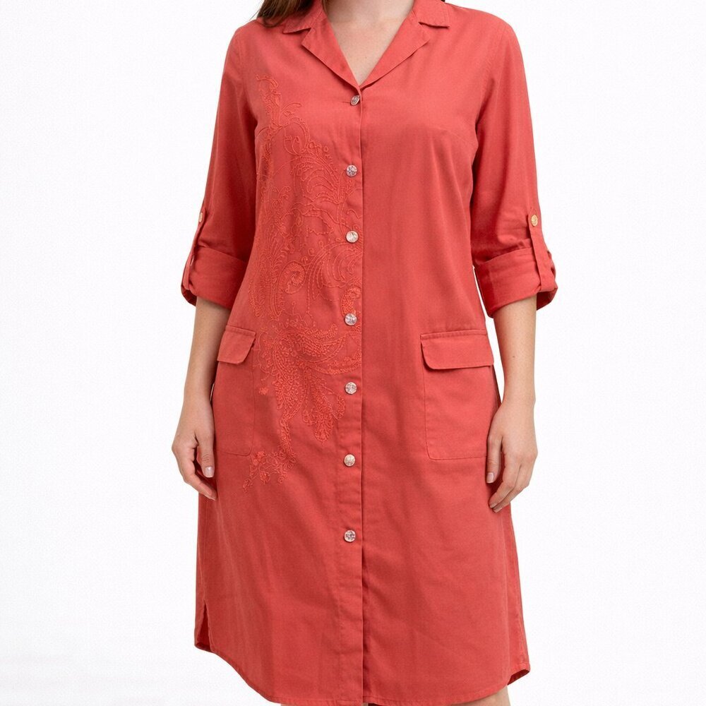 Soft Surroundings Weekender Tencel Dress Coral Embroidered Pockets Roll Tab Smal
